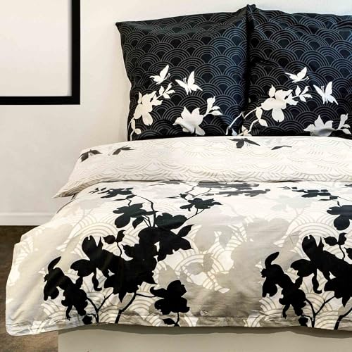 etérea Bettwäsche 135x200 Baumwolle Bettwäsche-Sets - Osaka Grau Schmetterlinge - Reißverschluss, Renforcé, Fachhandel,Oekotex Made in Green - 135x200cm und Kissenbezug 80x80cm