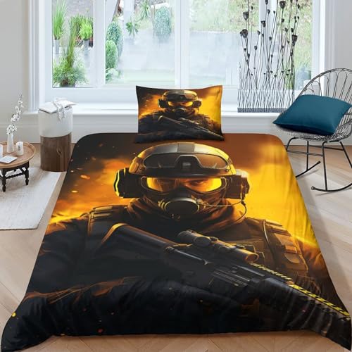 DOUKI Wehrpflichtige Bettbezug & Kopfkissenbezug 3D Spiel - Druckeffekt - Leichtes Mikrofaser-Bettwäsche-Se t (Soldaten,Single?135x200c m?)