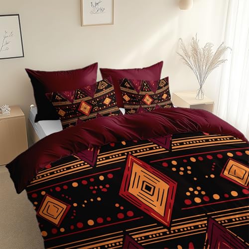 Bettwäsche-Set 155 x 220 cm Wendebettwäsche Weich Hochwertige Rot Mikrofaser Bettbezug 3D-DruckRetro Punkte Rautenmuster Bettwäsche für Jugendliche Kinder mit Reißverschluss mit Kissenbezug 80 x 80 cm
