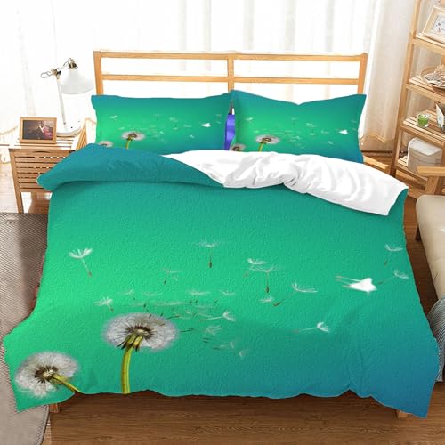 Hongduo 3D Pflanzen Pusteblume Bettwäsche 135x200 cm Weiche Mikrofaser Kunst Bettwäsche-Sets mit Reißverschluss 3 Teilig Bettbezug Set mit Kissenbezug 80x80 cm