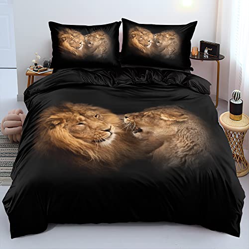 DXHOME Löwe Bettwäsche 135x200 3D Effekt Tiermotiv Bettwäsche 2 teilig Weich Schwarz Braun Mikrofaser Wendebettwäsche für Jugendliche Kinder Einzelbett mit Reißverschluss und Kissenbezug 80x80 cm