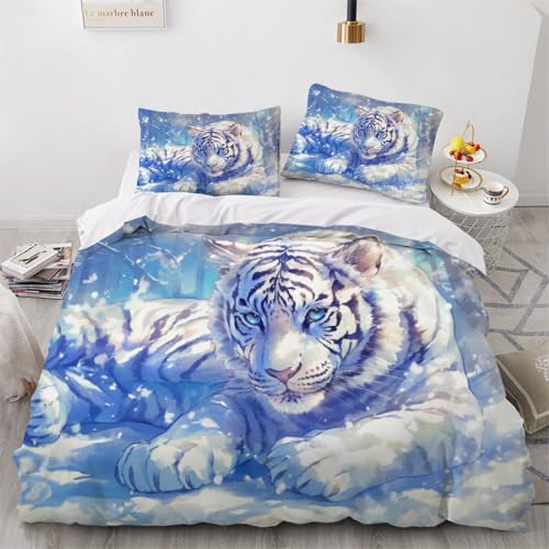 Generisch Tiger Bettwäsche 155x220cm mit Reißverschluss 3D Tiere Schnee Bettbezug 3 teilig flauschig weich Mikrofaser Bettwäsche Set mit 2 Kissenbezug 80x80cm