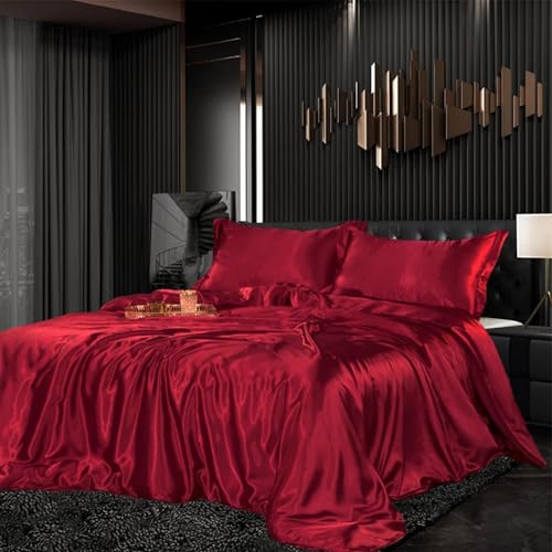 Bettwäsche Set Satin 155x220cm 3teilig Rot Silky Touch Glänzend Seide Einfarbig Bettbezug Set Glatt Luxus Weinrot Bettwäsche Set weicher Doppelbettmit Reissverschluss und Kissenbezüge 80x80cm