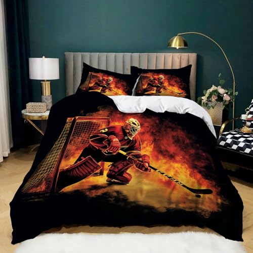 Bettwäsche Sets Sport Eishockey Feuerwehr 135 cm x 200 cm Schwarz Rot, Weich Drucken Microfaser 3 Teilig Sets Bettbezug und 2 Kissenbezug mit Reißverschluss für Herbst Winter