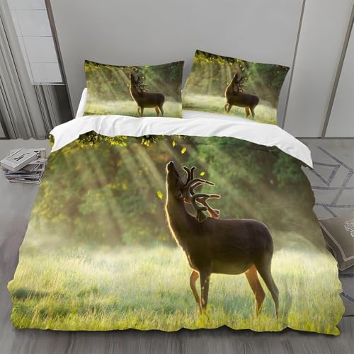 Bettwäsche 140x200 Hirsch Bettwäsche Set 3D Bettbezug Set Weich Microfaser Bettbezüge 3 Teilig Waldlandschaft 3D-Druck Bettwäsche-Sets für Einzelbett mit 2 Kissenbezug d.2067