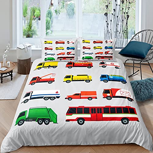 Homewish Feuerwehr Bettwäsche Set 200x200 Für Kinder Jungen Krankenwagen Notfall LKW Tröster Abdeckung Cartoon Fahrzeuge Bettbezug Kinder Schlafzimmer Dekor Bettbezug Mit 2 Kissenbezüge Grau