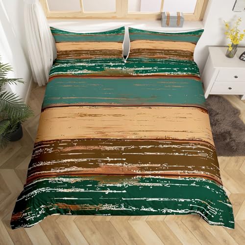 Homemissing Texture Stripe Bettwäsche Set 220x240cm Türkis Grün Braun Bettbezug mit Reißverschluss Rustic Wood Grain mit 2 Kissenbezüge Modern Abstract Bettwäsche-Set