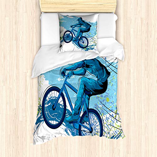ABAKUHAUS Sport Bettbezug Set, Radfahrers Farbspritzer, Milbensicher Allergiker geeignet mit Kissenbezügen, 135 cm x 200 cm - 80 x 80 cm, Blau Aqua Hellgrün