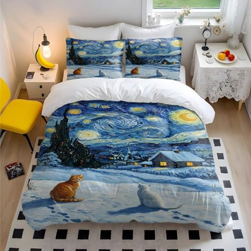 Sternennacht-Katzen- und Hütten-Bettwäsche-Set, Winterlandschaft, ultraweiche Mikrofaser, gemütlich, Landhaus-Kern-Stil für Schlafzimmerdekoration (Stil 4, Doppelbett 200 x 200 cm + 65 x 65 cm x 2)