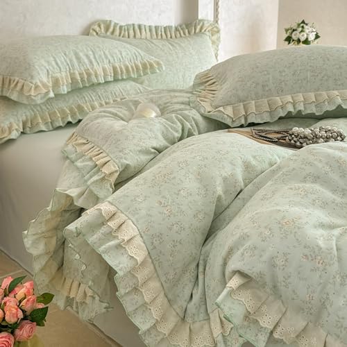 GETIYA Elegant Blumen Bettwäsche 155x220 Grün Hellgrün Blümchen Bettbezug Damen Mädchen Rüschen Bettwäsche Floral Muster Weich Baumwolle Doppelgarn Deckenbezug mit 1 Kissenbezug 80x80