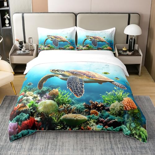 Homemissing Meeresschildkröte 100% Baumwolle Bettwäsche Set 155x220cm Für Kinder Jungen Mädchen Unterwasser Betten Ultra weiche Reptil Schildkröte Bettbezug Türkis Ozean Thema Bettwäsche-Set