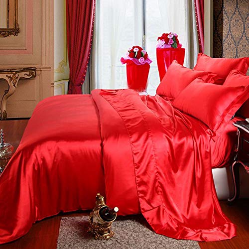 TOUMARY Sommerbettwäsche Set und Kissenbezug 220 * 240cm 4 Stück, Seidenbettwäsche-Set, Satin-Luxus-Bettwäsche-S ets, einfarbige Bettbezug-Bettwäsche-Set für Schlafzimmer Wohnung großes Rot