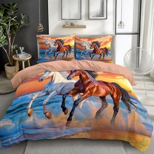 Premium Bettwäsche Set 240 x 220 cm Tiere Pferd Strand Sonnenuntergang Atmungsaktiv und Angenehm Bettbezug, Mit Verdecktem Reißverschluss, Inklusive Kissenbezug 80x80 cm, Für Alle Jahreszeiten, Rosa