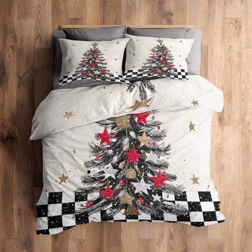Generisch 135x200 Bettwäsche Weihnachtsbaum Bettbezug - 2tlg, 1 Kissenbezug 80x80, Weihnachten Sterne Muster, Schlafzimmer Deko, Weiche Mikrofaser Wendebettwäsche mit Reißverschluss - OI916