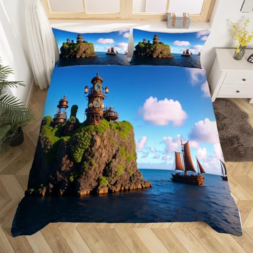 3D Schlossberg Bettwäsche 200x200 Sea Marine Themed Weiche Microfaser Bettwäsche-Sets Bettbezug mit Reißverschluss und 2 Kissenbezug 80x80 cm