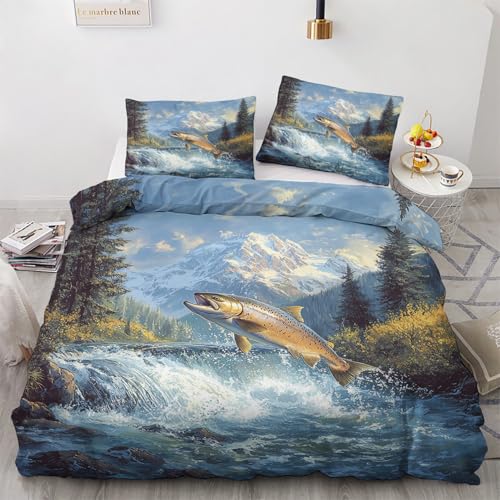 Fisch Deko - Winter Bettwäsche 135x200 Fisch, Wilde Tiere Angeln Bettbezug 135 x 200 2er Set mit 1 Kissenbezug 80x80, Weiche Mikrofaser Winterbettwäsche mit Reißverschluss C*&152