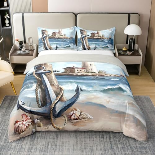 Homewish Leuchtturm Baumwolle Bettwäsche 155x220cm SAE Ocean Wellen bettbezug Set für Jugendliche,Ölmalerei Möwen Bettwäscheset Anker Kinder bettset 2 teilig