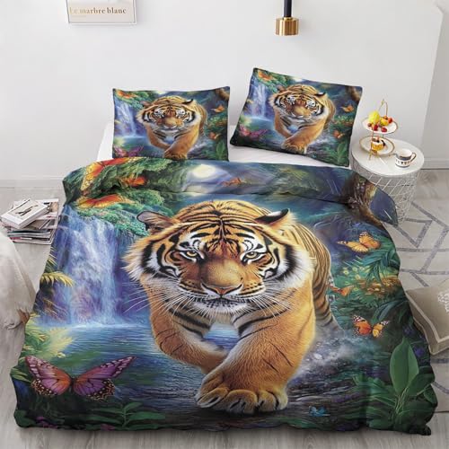 Tiger Bettwäsche 140x200 Winter - Dschungel Tiere Bettbezug 140x200 3 Teilig, Weiche & Angenehme Mikrofaser Bettbezüge & 2 Kissenbezug, Bettwäsche-Sets mit Reißverschluss T#&-1