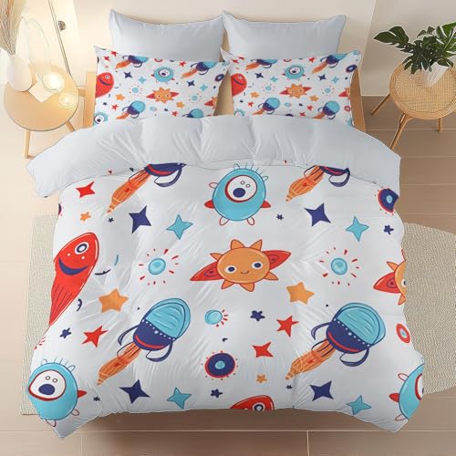 Generisch Reißfest Bettbezug Bettwäsche 135 x 200 cm - Weiß Mikrofaser Bedruckte Bettwäsche Sets? Cartoon Monster Raumschiff Sterne 3 teilig mit Reißverschluss mit Kissenbezüge 80cm x 80cm