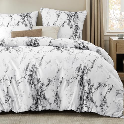 BEDSURE Bettwäsche 200x200 3teilig Bettbezug - Bettwäsche-Sets 200 x 200 cm mit 2 Kissenbezüge 80x80 cm, Weich Wendebettwäsche Bedding Marmor Weiß für Doppelbett mit Reißverschluss