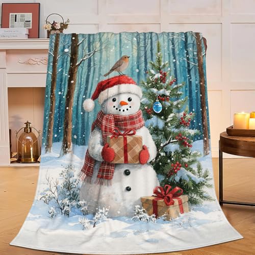 Weihnachts-Schneemann-Üb erwurfdecke, weiche Plüsch-Fleece-Bettwäsch e, Winterdecken, gemütlicher Schneemann, gefüllte Geschenke für Damen, Mädchen, Kinder, Erwachsene, 101,6 x 127,7 cm