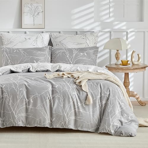 Lekesky Bettwäsche 220x200, Bettwäsche 3teilig Bettbezug, Florales Muster Mikrofaser 220x200 Bettwäsche Set Mikrofaser mit Kopfkissenbezug mit Reißverschluss 80x80cm*2, Grau/Weiß