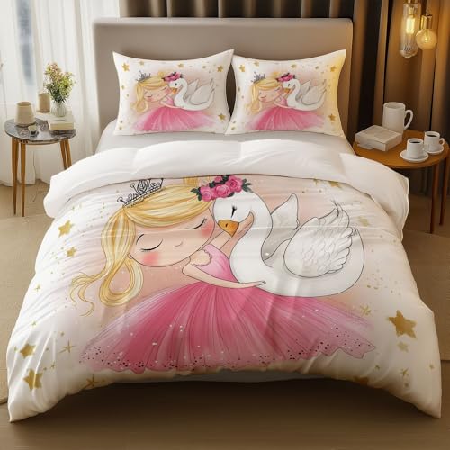 Bettwäsche 240 X 220 cm Mikrofaser Bettbezug Set Traum Prinzessin Schwan Weich Bügelfrei Bettwäsche-Sets Für Kinder Erwachsener Rosa Weiß Mit Reißverschluss Und Kissenbezug Atmungsaktiv Und Bequem
