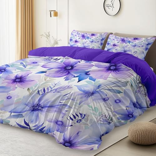 Lila Bedruckte Bettwäsche, Blockfarben Elegant GeblüMt Bedruckte Allergiker Bettbezüge aus Microfaser mit Reißverschluss - 200 x 200 cm für Kinder Jungen Teenager Bettbezug-Set