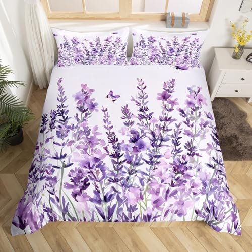 Homewish Lavendel Bettwäsche Eleganter Lila Schmetterling für Mädchen Kinder Teens Deckenbezug 155x220 Cottagecore Pastoral Style Bettbezug Garten Blumen Blumen Botanisch Bettset 2 Teilig Mikrofaser