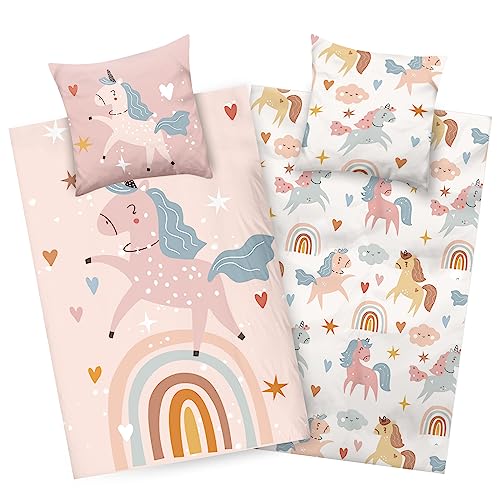 Aminata kids Bettwäsche 135x200 Kinder Mädchen Baumwolle Einhorn beige Wende-Kinder-Bettwäsche- Set Regenbogen Unicorn Pferde-Motiv Tiere Tier-Motive Einhörner