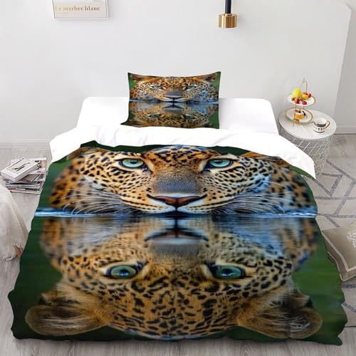 AutumnWinds Dschungel-Leopard Bettwäsche-Sets 2 Teilig Für Jungen Und Mädchen 3D-Digitaldruck Cute Animal Microfaser Mit Reißverschluss Und Kissenbezug Single?135x200cm?