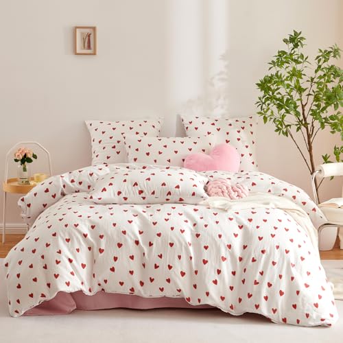 Covebett Doppelte Musselin Bettwäsche 135x200 Baumwolle Rot Herzen Herz Weich Renforce Baumwollbettwäsche Set Herzchen Rot Weiß ÖKO-TEX Bettbezug mit Reißverschluss und Kissenbezug 80x80 cm