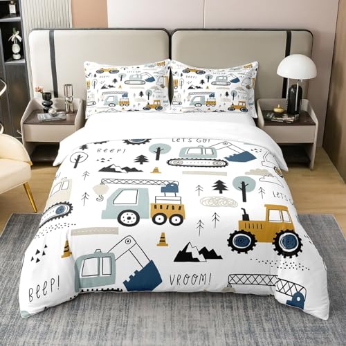 Loussiesd Auto Kinder Bettwäsche Set 135x200cm 100% Baumwolle BAU Bettwäsche Karikatur Bagger Kran Zugmaschine Dekor Jugendliche LKW Traktor Bettbezug Weiß Gelb Mädchen Jugend
