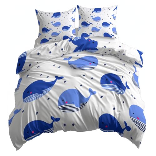 Premium Wende Einfach Tier Blauwal Punkte Bettbezug, Pflegeleichtes Bettbezüge 155 x 220 cm + 2 Kissenbezug 80 x 80 cm, Creme Bettwäsche-Sets 3 teilig mit Reißverschluss