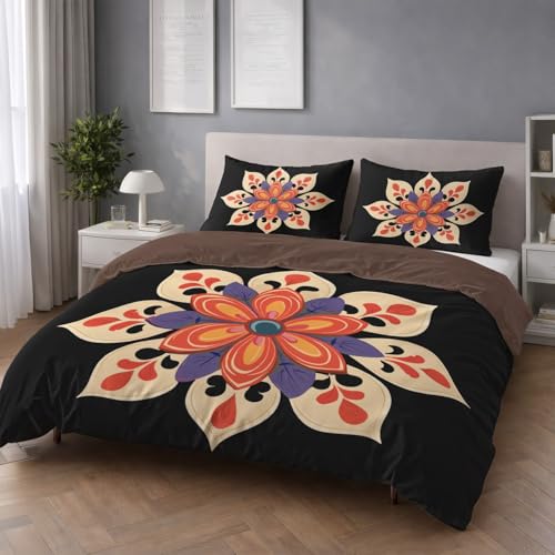 Atmungsaktiv Bettwäsche 200 x 200 - Schwarz Bügelfrei Farbbeständig Bettwäsche Sets - Bettbezug(200 x 200)+ Kissenbezüge - Für Allergiker Geeignet Traditionell Orientalisch Blumen Lotus