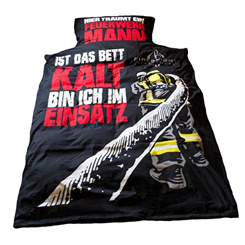 FIRE & FIGHT Streetwear Feuerwehr Bettwäsche Hier träumt EIN Feuerwehrmann Kopfkissen 80 x 80 Deckenbezug 135 x 200 Oberdecke Set Geschenkidee Feuerwache Motiv retten löschen Bergen schützen