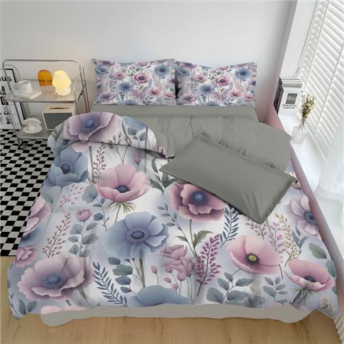 SMBHIAON Bettwäsche Rosa Mohnblumenmuster Bettbezügen 135×200Cm Weich & Bügelfrei Bettbezüge Mit Reißverschluss - Frühlingshafter Landhausstil Bettwäsche Set Mit Kissenbezüge 80Cm X 80Cm