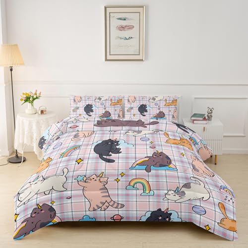 3-teiliges Bettwäsche-Set mit niedlichem Einhorn-Katzenmuster, rosa Katze, Bettwäsche-Set für Mädchen und Erwachsene, Schlafzimmer- oder Raumdekoration, Ganzjahresdecke, Mikrofaser-Steppdecke mit 2