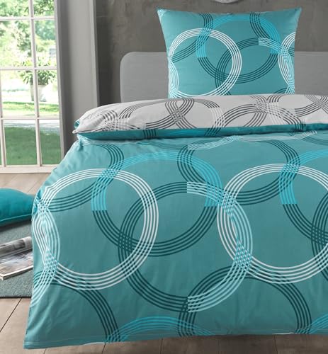 MALIKA Bettwäsche 155x220 Baumwolle, 2-teiliges Set, Kreismuster, Wende Bettbezug 155 x 220 cm, Kissenbezug 80x80 cm, Renforcé, atmungsaktiv, maschinenwaschbar, Türkise