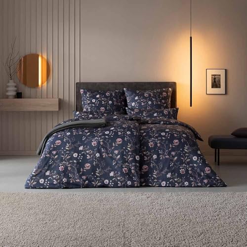 ESTELLA Mako-Satin Bettwäsche 135x200 Linda Indigo blau rosa Blütenzweige 7957-606