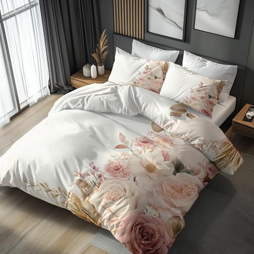 Bettwäsche 220x240 Blumen Rosa Wende Motiv 3tlg, Schlafzimmer Deko, Romantisch Landhaus Blumenmuster Bettbezug und 2 Kissenbezüge 80x80, Weiche Mikrofaser Deckenbezug mit Reißverschluss -o358
