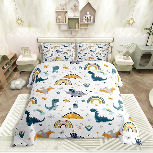 Homewish Dino Kinderbettwäsche 155x220cm Kleinkinder Dinosaurier Bettwäsche Buntes Cartoon Dino Regenbogen Blumen Schmetterling Sternemuster Bettbezug Set für Jugendliche Jungen Mädchen Mikrofaser