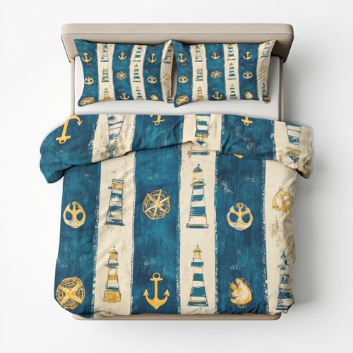 Generisch Mikrofaser Bettwäsche 155x220 Nautisch 2tlg - Leuchtturm Ankermotiv Küste Wendebettwäsche Deko, Weiche Bügelfreie Bettbezug mit Reißverschluss, 1 Kissenbezug 80x80 AE3068