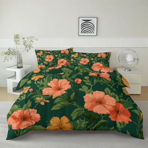 Quixora Komfortabel Mikrofaser Bettwäsche-Sets 155 x 220 cm, Natürliche Pflanzen Landhaus Vintage Blumen Muster Bettbezug 3 teilig mit Kissenbezug, Wendebettwäsche für Einzelbett mit Reißverschluss