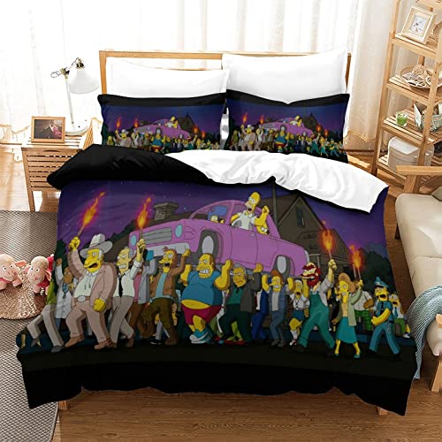 YINGD The Simpsons Bettbezug-Set, 3D-Digitaldruck, dreiteilige Bettwäsche, Anime-Charaktere, Bettbezüge, 1 x Kissenbezug, 2-teilig (200 x 200 cm)