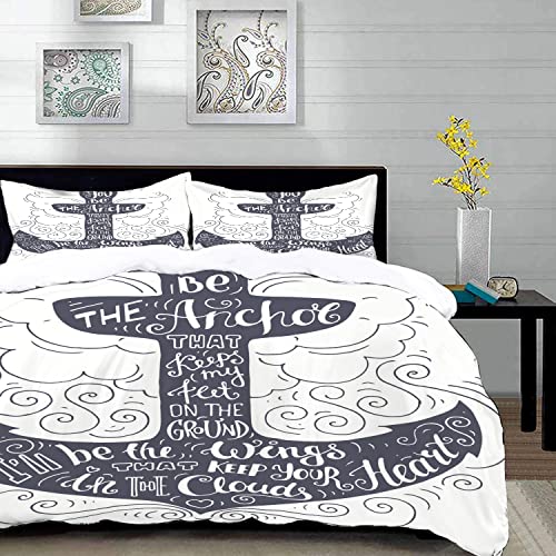 Bettwäsche 3 Teilig Bettgarnitur,Maritimes Motiv im Anker-Doodle-Stil mit Strudeln und Locken. Motivierendes Zitat-Design,Gemütlich Mikrofaser Bettbezug Set 1 Bettbezug Set 240 x 260 cm