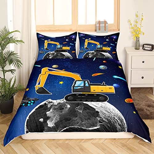 Loussiesd Galaxis BAU Bettwäsche Set 135x200cm Karikatur Bagger Bettbezug Set für Kinder Jungen Mädchen Weltraum Betten Set Fahrzeuge mit 1 Kissenbezug