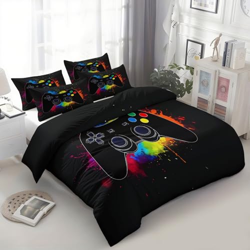 Bettwäsche Schwarz 135 x 200 cm Spiel Graffiti Gamecontroller Bettbezug, 3teilig Flauschige Wende Winterbettwäsche Set mit Kissenbezug 80x80 cm - Atmungsaktiv, Warm & Hautfreundlich Deckenbezug