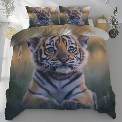 Sobhdga Tiger Tierwelt Bettwäsche 135x200 3teilig, Dschungeltier Wildtiere Bettwäsche-Sets Mikrofaser, Woodland Bettbezug Weich, mit Reißverschluss Und 2 Kissenbezug 80x80 cm