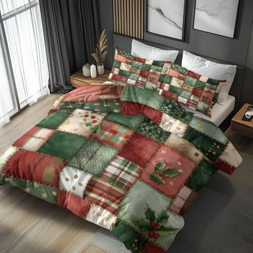 Generisch Mikrofaser Bettwäsche 140x200 Weihnachten Karo 2tlg - Rot Grün Kariert Wendebettwäsche Deko, Weiche Bügelfreie Bettbezug mit Reißverschluss, 1 Kissenbezug 70x90 AE423